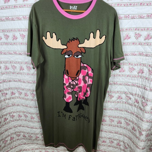 Lazy One One Size Olive Green Pink Trim I'm Fatigued Moose Pajama T Shirt - Picture 1 of 7